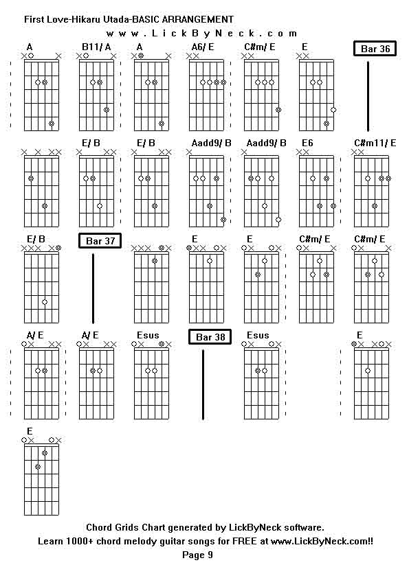 Chord Grids Chart of chord melody fingerstyle guitar song-First Love-Hikaru Utada-BASIC ARRANGEMENT,generated by LickByNeck software.